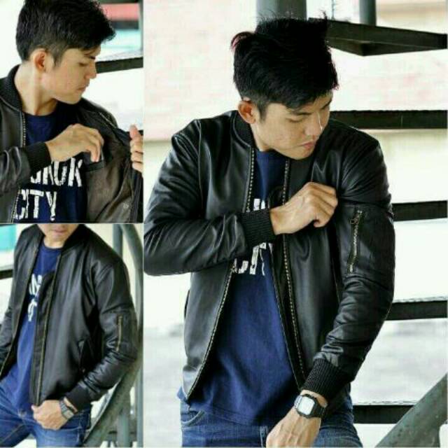 Jaket Bomber Cowok Korea Semi Kulit Asli