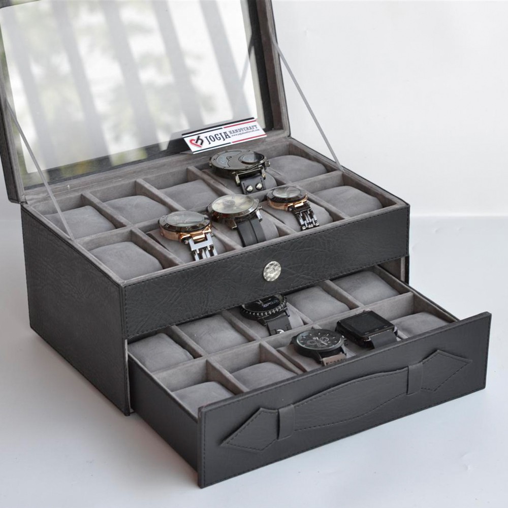 (JUMBO) Kotak Tempat Jam Tangan isi 20 Besar Black Grey | Wadah Arloji | Watch Box