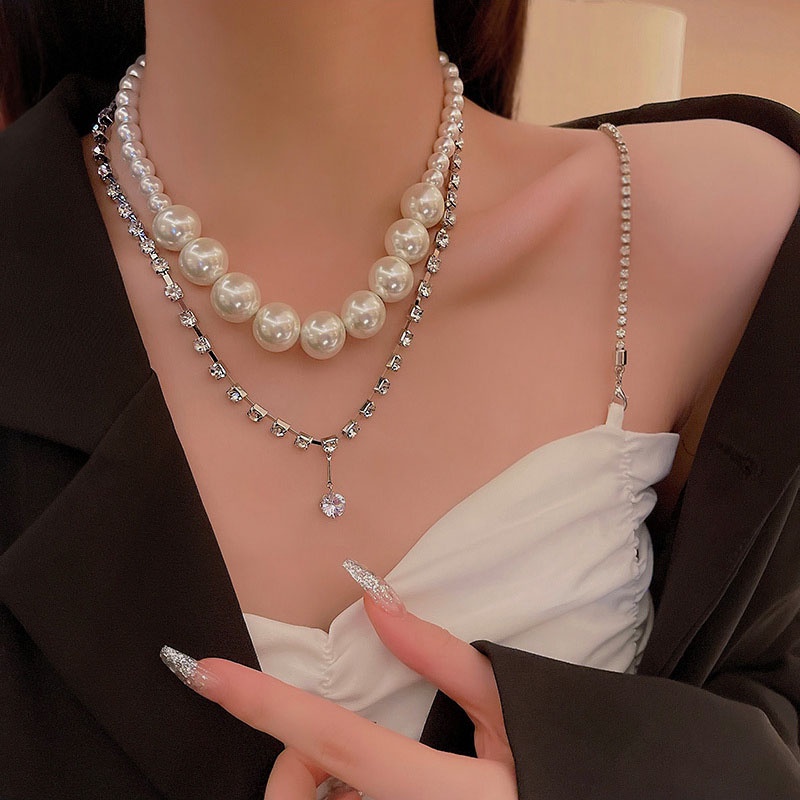 Set Kalung Mutiara Zircon Double Layer Gaya Perancis Untuk Wanita