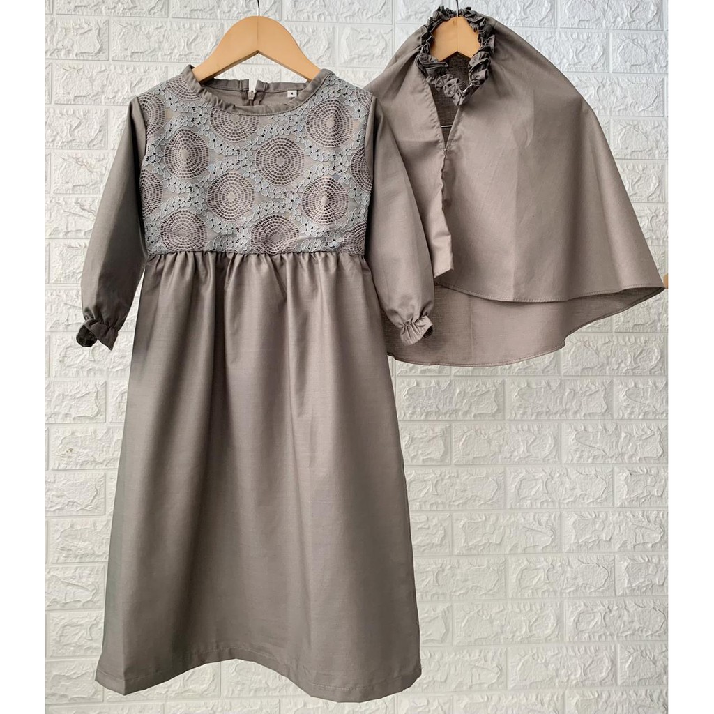 Gamis Kerudung Anak Aplikasi Brukat Abu Abu Baju Anak Perempuan Pakaian Anak Perempuan Baju Perempua