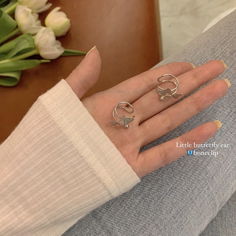 Papaozhu 1PC Chic s925 Perak Ganda Kupu-Kupu Klip Anting-Anting Untuk Wanita Perempuan Bergaya Non Tindik Cuff Earrings Telinga Perhiasan