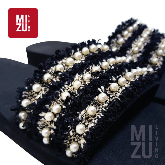 [CLEARANCE SALE] Sandal Wanita Chanel Tweed Inspired Mutiara Pearls