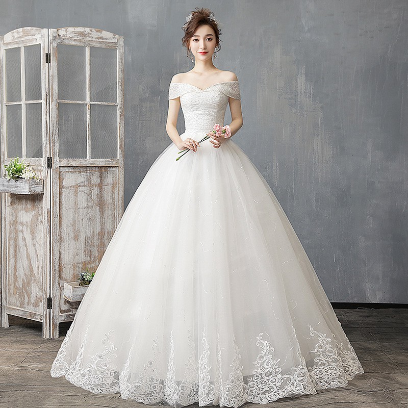 Putih Sederhana Off Shoulder Lace Payet Wedding Dress Bridal Ball Gown Dress