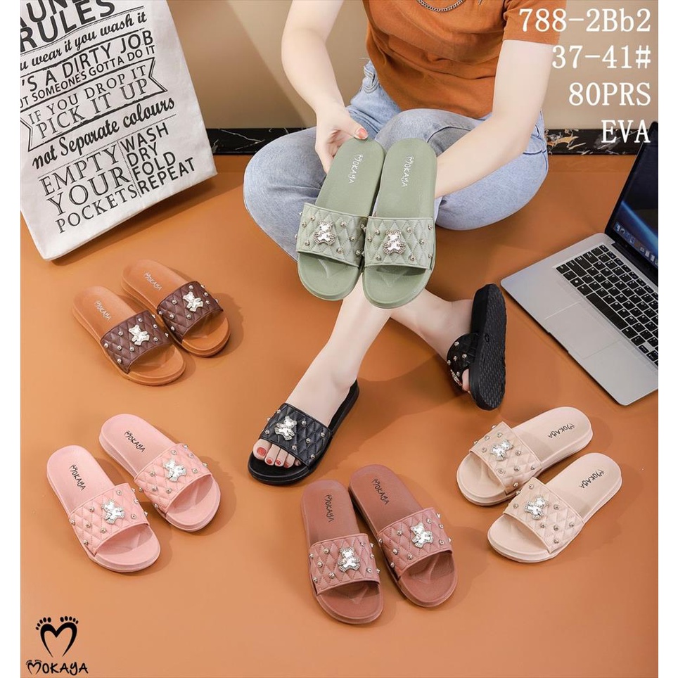 Sandal Slop Jelly Eva Wanita Motif Bear Permata Super Cantik Cutie Import Mokaya / Size 37-41 (788-2Bb2)