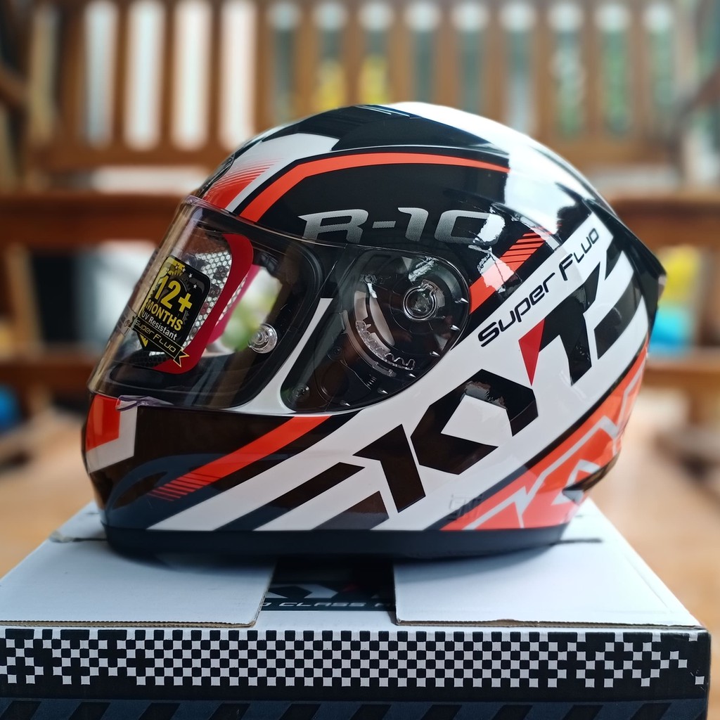 Helm KYT R10 Flat & Pin Lock RD Edition Full Face R-10 Super Fluo White Red Fluo Ori Merah Putih
