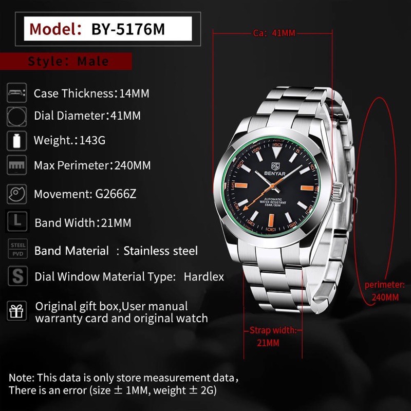 Jam Tangan Benyar Milgauss Original Silver Black Stainless Steel