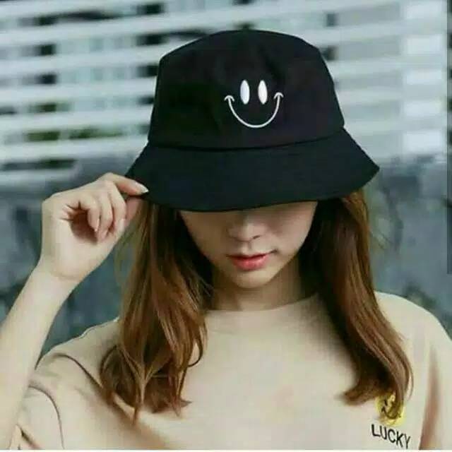 GFS Topi Bucket Hat Smiley / Bucket Hat Korea / Topi Bolak Balik Smile / Topi Kpop Unisex 110