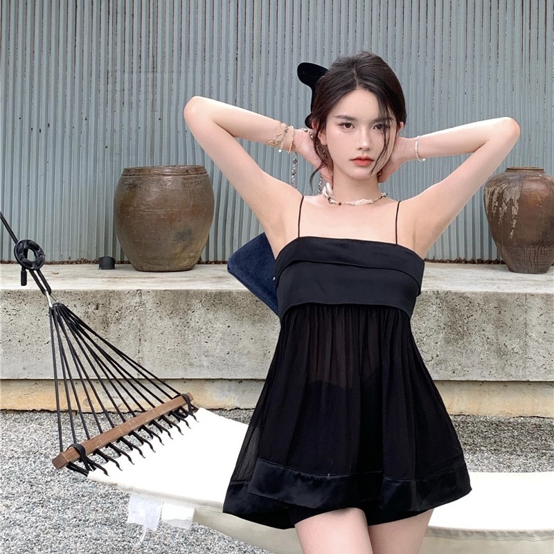 Gaun Gaya Korea Backless Tube Top Tanpa Lengan Hitam Jahitan A-line Rok Pendek Satu Bahu Suspender G