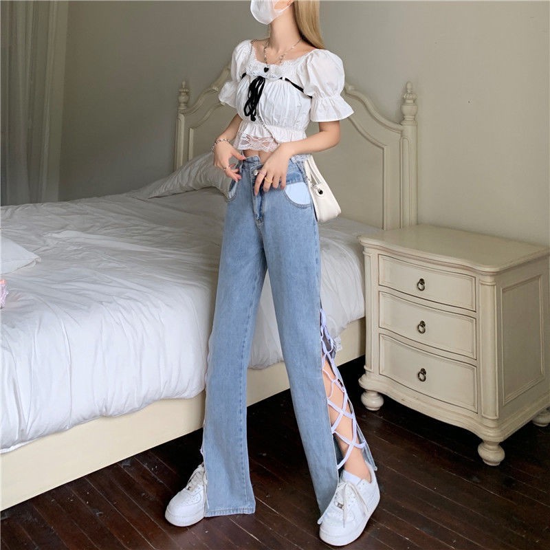 Suhao Musim panas Baru Vintage Hyun-ah Sisi Slip Celana Spice Girl Fried Street Jeans Celana Panjang Wanita Slim Fit Lebar Celana