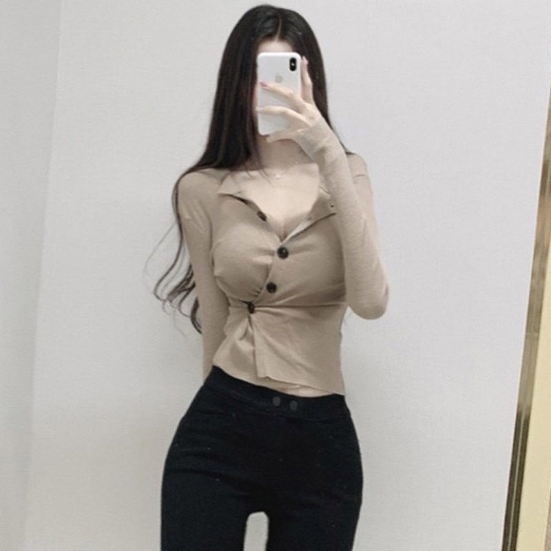 Suhao Amerika Top Korea Kardigan Pendek Wanita Musim Semi Seksi Slim Lengan Panjang T-Shirt Cardigan