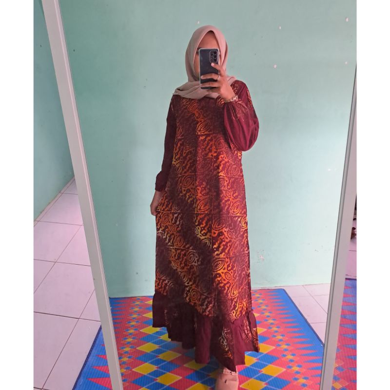 Daster batik cap lengan panjang longdress rempel susun