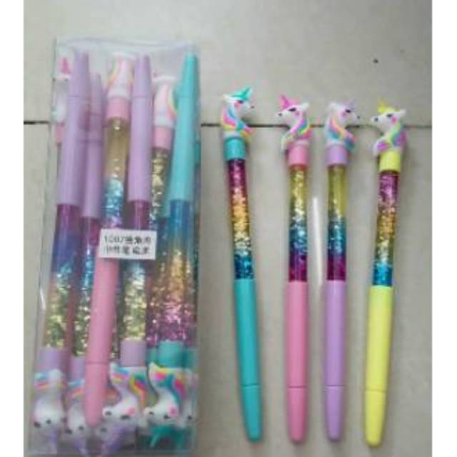 

Pen gel gliter air unicorn pelangi terbaru isi 16 pcs