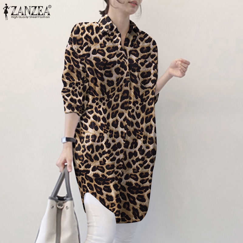 ZANZEA Women Casual Daily Turn-Down-Collar Leopard Printed  Long Sleeve Loose Blouse