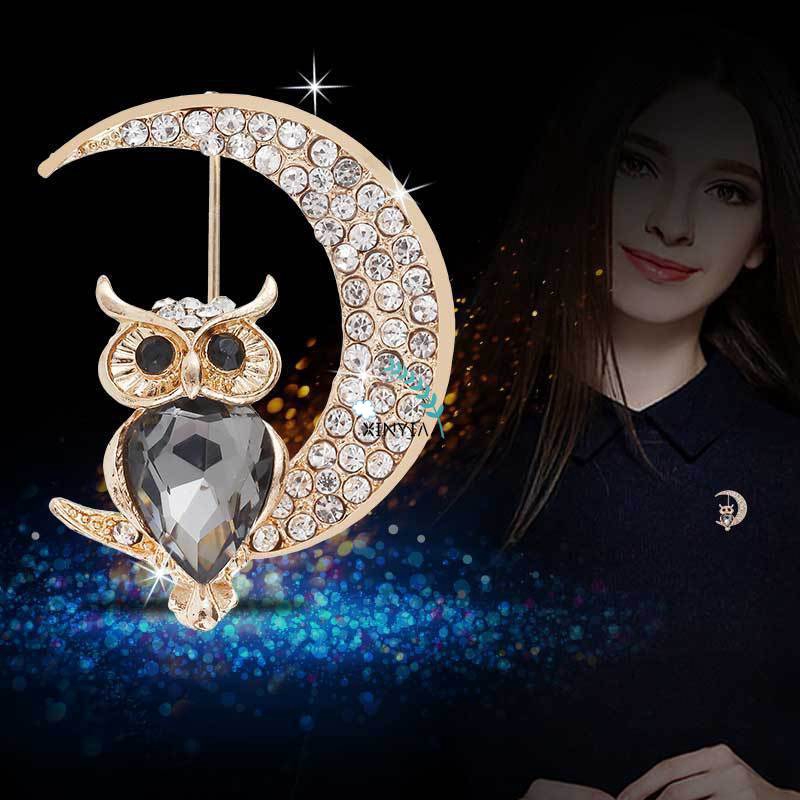 Crystal Bros Owl Moon Kartun Wanita Aksesoris Pakaian Brooch Berlian Imitasi Bermutu Berlian