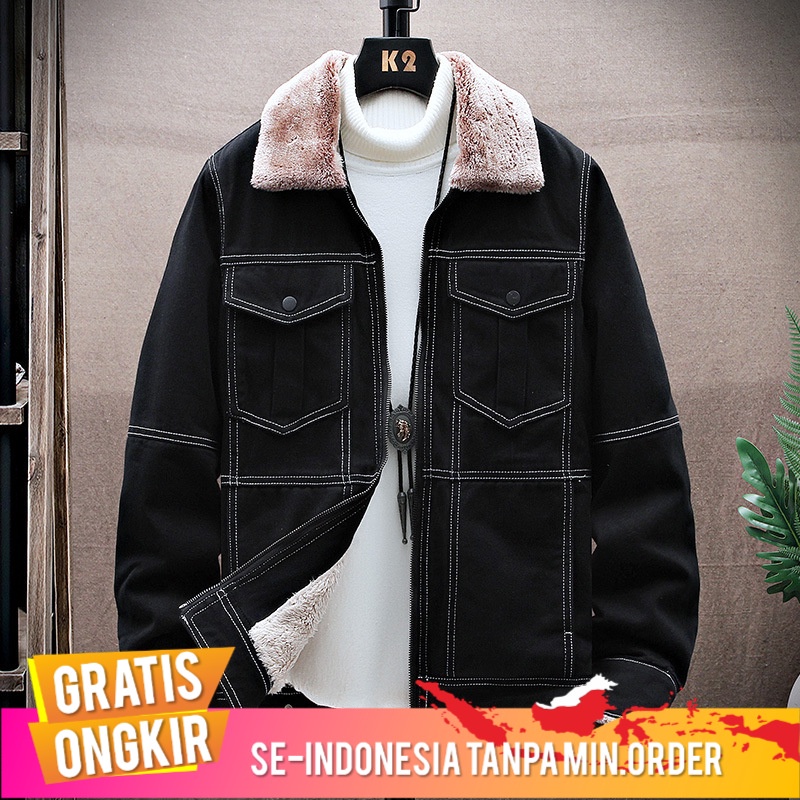 Jaket Pria Foreign Trade  Bulu Berlapis Tebal Jaket Denim Pria Pemuda Kasual Mos Jaket Hangat  tren 