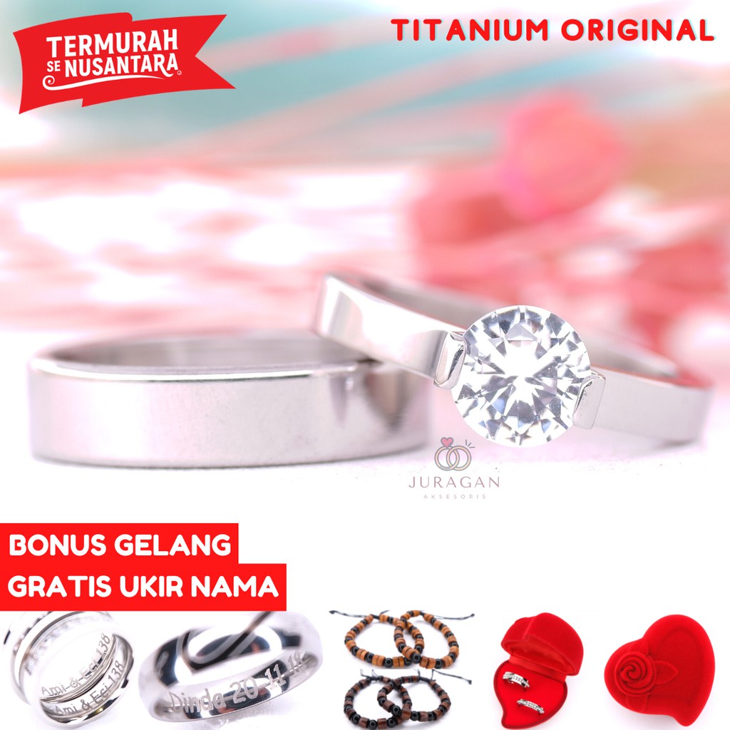 [UKIR NAMA + BOX HATI] Cincin Couple BUCIN Titanium M2 BONUS Gelang Couple