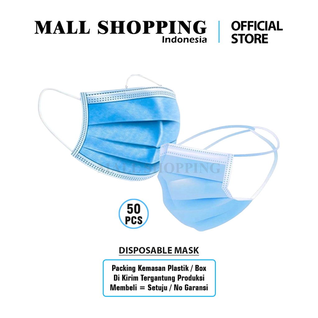 (COD) MASKER NON HIJAB 3PLY MASKER EARLOOP KEMASAN PLASTIK ANTI BAKTERI 1 ISI 50PCS MALLSHOPPING