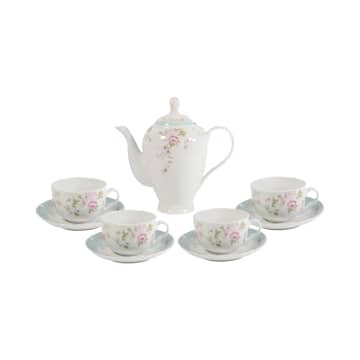 Delicia Set 10 Pcs Teko & Cangkir Teh Premium Porcelain Motif Bunga - Hijau