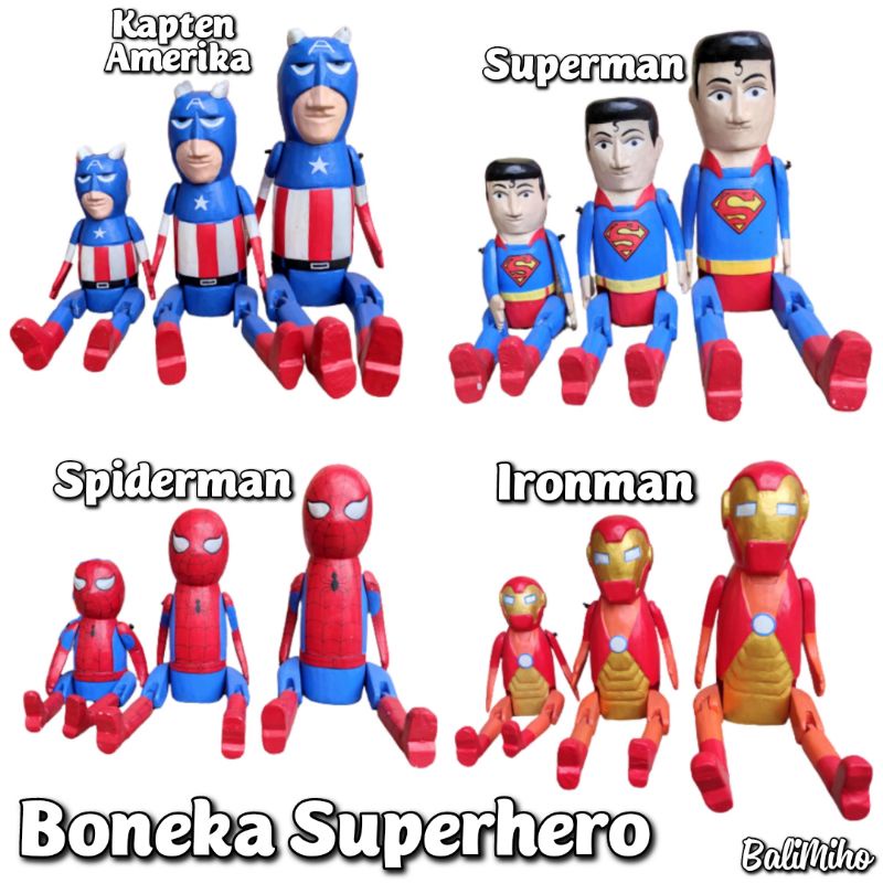 Boneka Kayu Superhero Set Boneka Superman Boneka Kapten Amerika Boneka Spiderman Boneka Ironman Bone