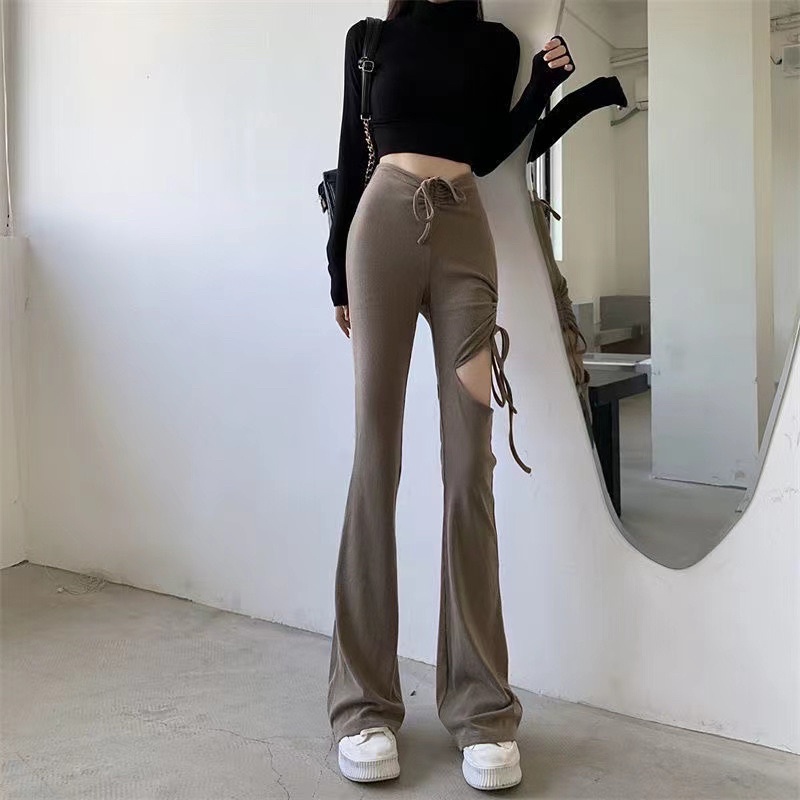 H7 cp1/27 New fashion Long pants cutbray highwaist korean style import / Celana panjang wanita pinggang tinggi tali serut  variasi bolong paha