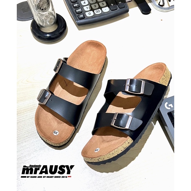Sandal Wanita Birken Kasual mrAUSY Ringan Strap 2 Gesper 2-Hitam Gesper Coklat