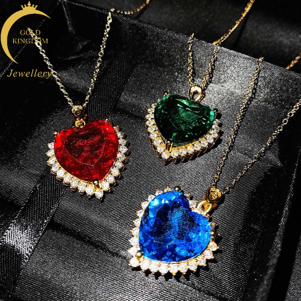 Goldkingdom Fashion Perhiasan Emas Asli Kadar 375 Bangkok Aksesoris Ready Stock Alami Tanzanite Safir Laut Jantung Liontin Zamrud Potong Hati Berwarna Harta Kalung