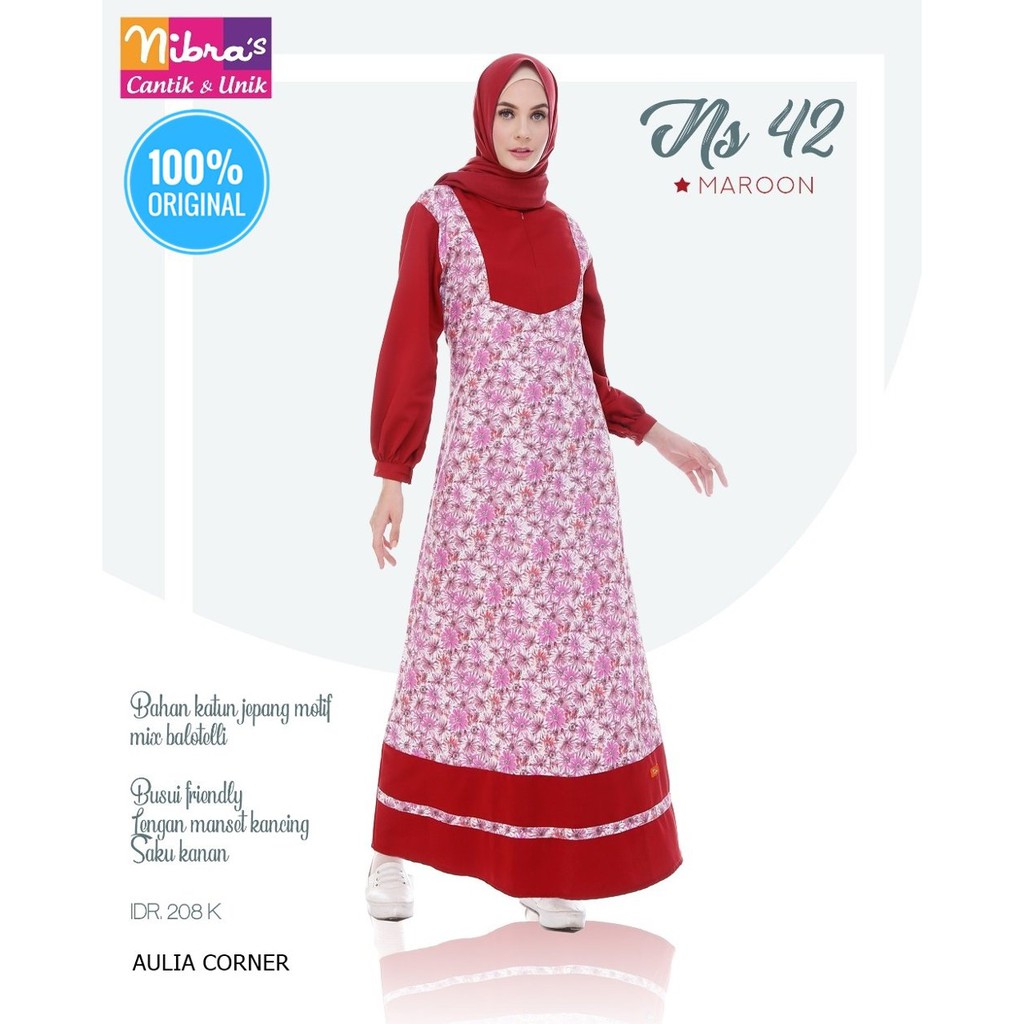 Gamis Wanita Cantik Murah Gamis Syari Nibras NS 42 Maroon ORIGINAL Pilihan Semua Wanita