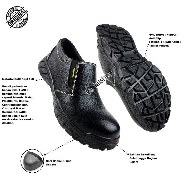 Sepatu Safety Kulit Sapi Asli Slip On Original Septi Pria Ujung Besi Septy Slop Selop Kerja Lapangan Proyek Industri Sefti Shoes BS