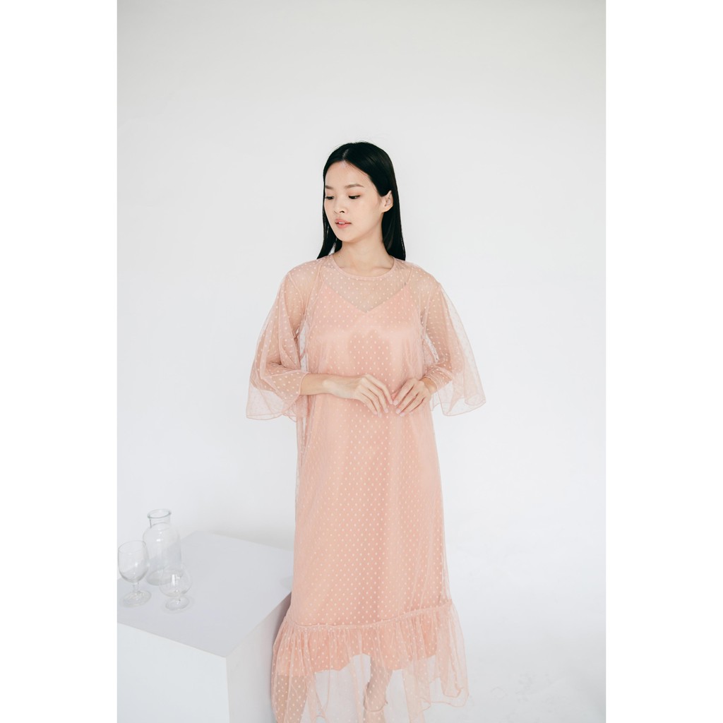 Aura Label - Kiara Nude Dress - Dress tulle dot wanita warna Nude Elegan