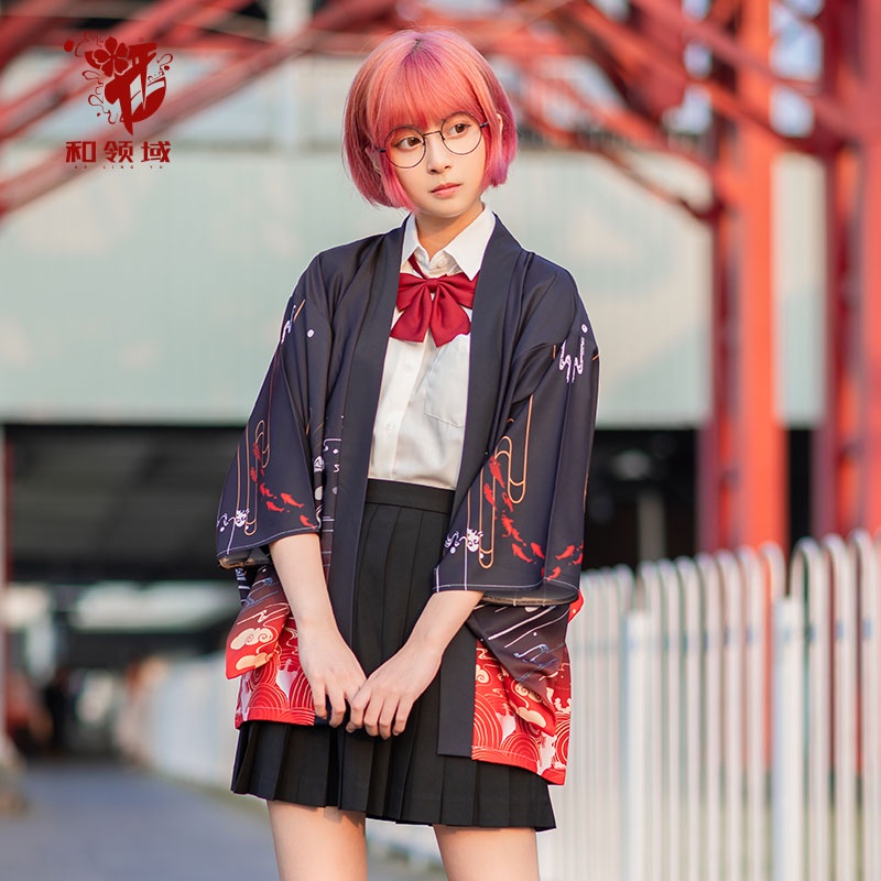 Street Cardigan Kimono Pria / Wanita Motif Kartun Anime Jepang Harajuku Kimono Longgar Warna Hitam