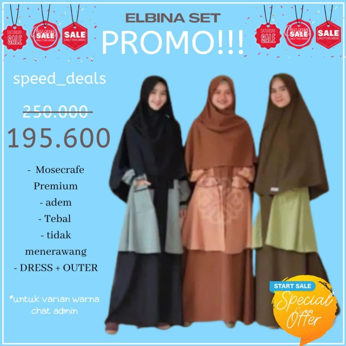GAMIS ELBINA SET DRESS+OUTER (tanpa hijab) size S M L XL matt MOSCREPE - Soft Grey, L Berkualitas