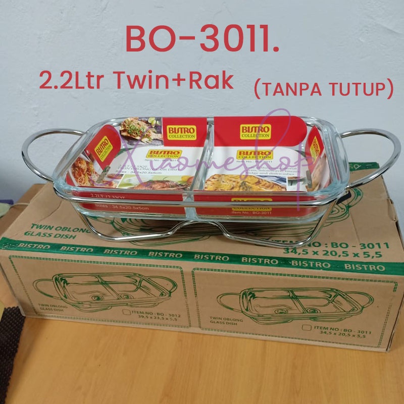 Bistro 3011 twin oblong glass dish Casserole kaca+RAK prasmanan kaca