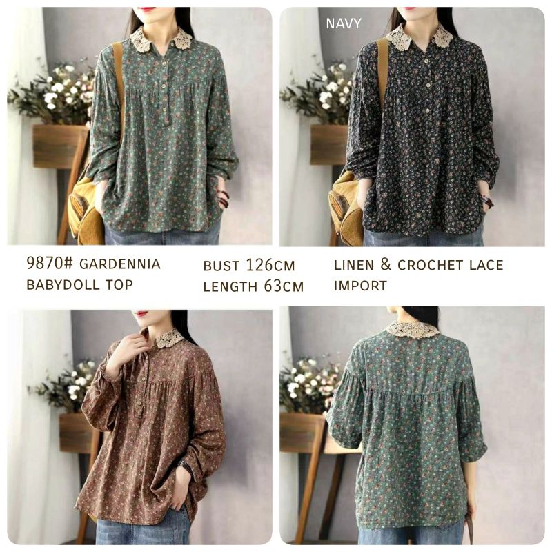 MDLV ~ 9870# Gardennia Babydoll Top Atasn Blouse Korea Import