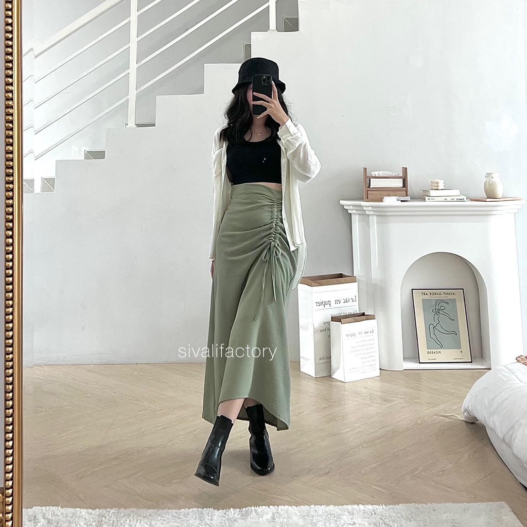 Tamara Skirt - Rok Serut Casual Flowy - Midi Maxi Ruched Skirt - Rok Wanita Korean Look-Sage