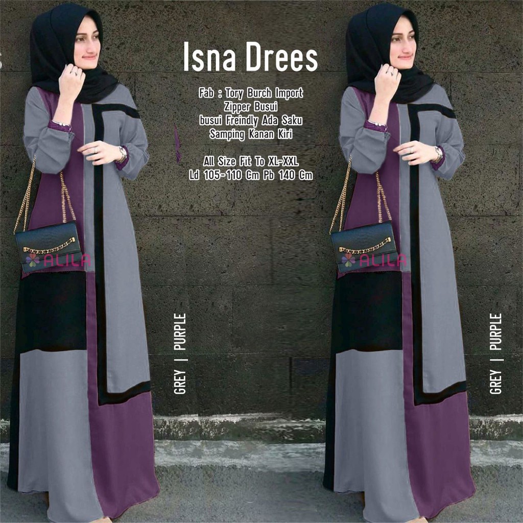 ISNA DRESS BAHAN TORY BURCH IMPORT GAMIS BY ALILA BUSUI FRIENDLY GREY PURPLE
