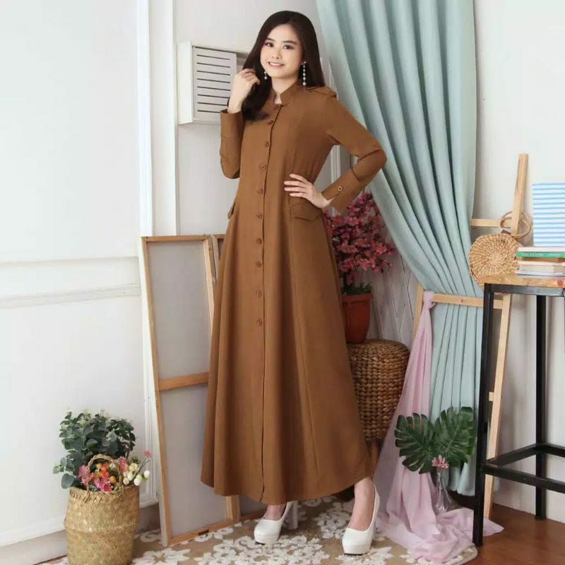 Gamis Pemda Pns Full Kancing Khaki Tua Bahan Toyobo Ori