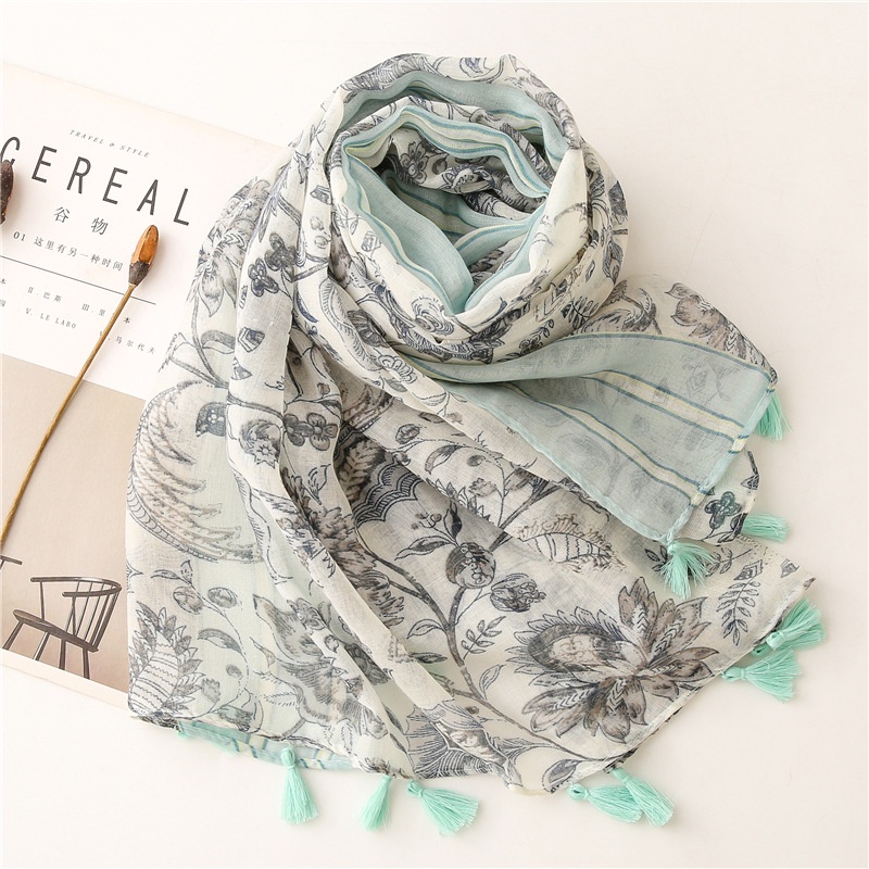 ITSFRIDAY 052223 Premium Scarf Selendang Pashmina Syal Shawl Pasmina Hijab Import Motif Flower Clasic Cream Mint Tassel-1