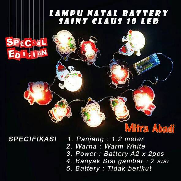 Lampu Natal Santa Claus Warm White 10 LED Batre A2 Panjang 1,2 Meter