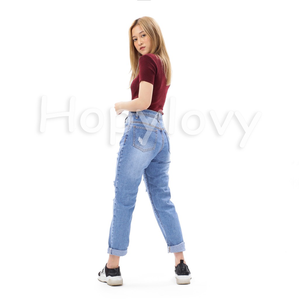 HOPYLOVY - Celana Boyfriend Jeans Sobek Lapis Furing BF Faranisa