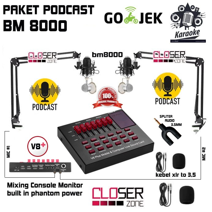 PAKET KUMPLIT MIC CONDENSER BM 8000 2 + STAND 2 + SOUNDCARD + SPLITTER