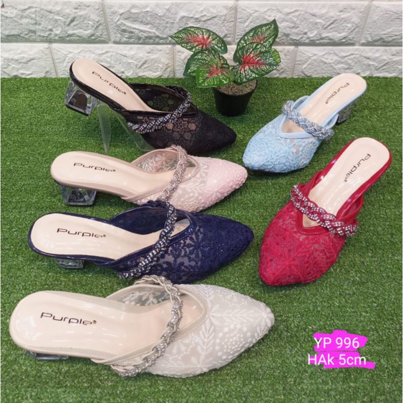 Sepatu sandal heels hak kaca hak tahu brukat cantik mewah minimalis PURPLE YP996 Shoestore Sei Saria