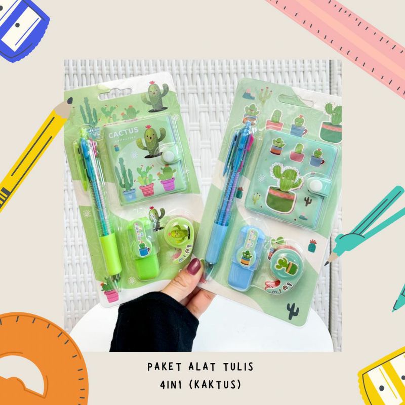 Set alat tulis mini KAKTUS isi 4 butu kecil pulpen highlighter mini solatip paket murah kado unik souvernir