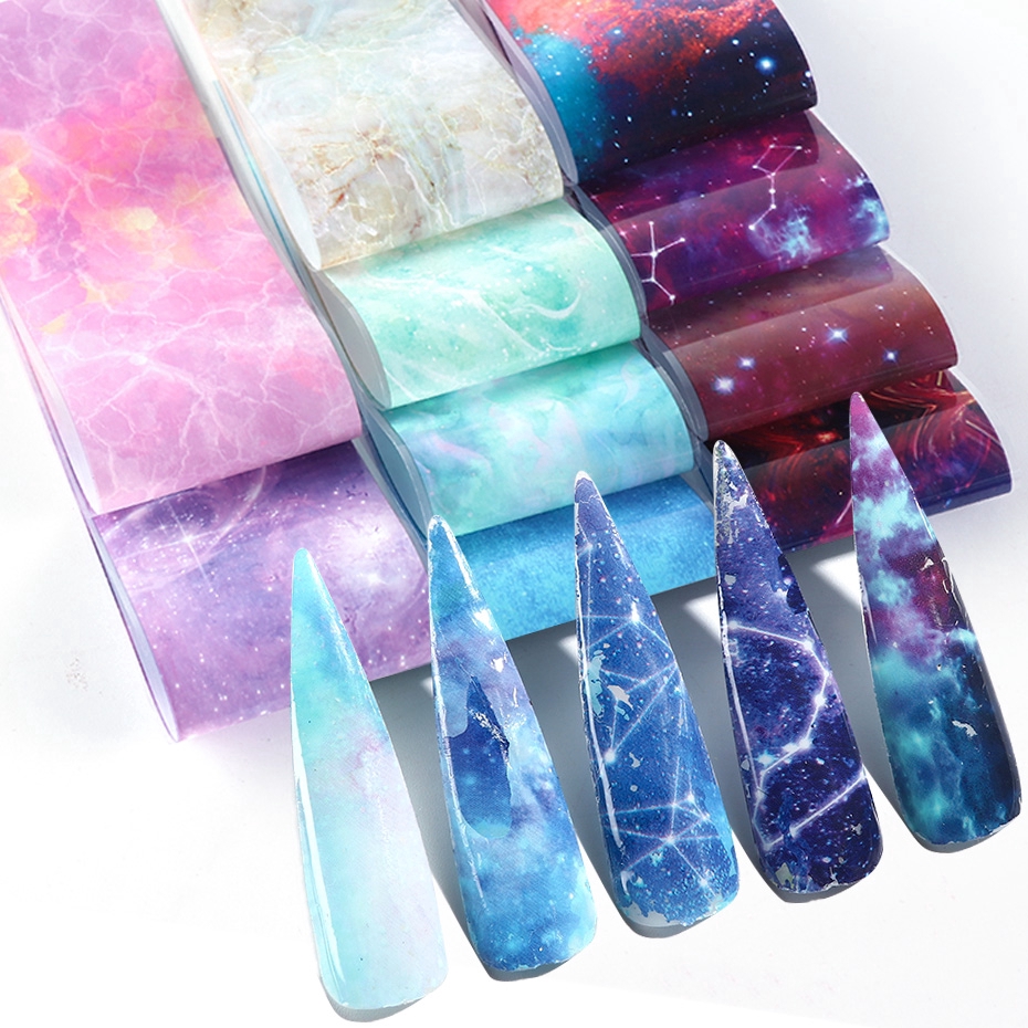 10 Lembar Stiker Kuku Foil Holografik Gradasi Starry Sky Transfer Air Untuk Dekorasi Manicure/Nail Art