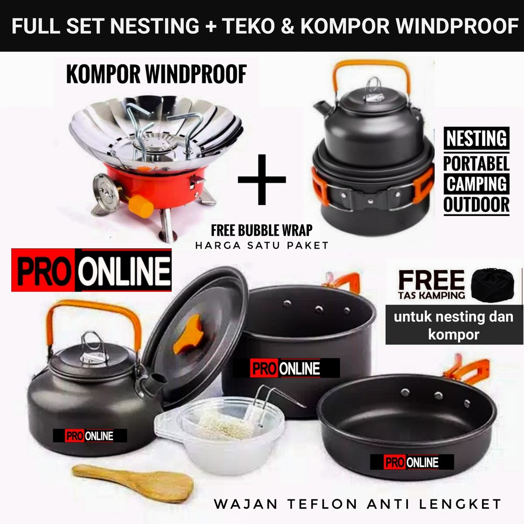 Paket Wajan Teko &amp; Kompor Windproof Kemping Gunung Cooking Set DS308 &amp; Stove K203 Camping Outdoor