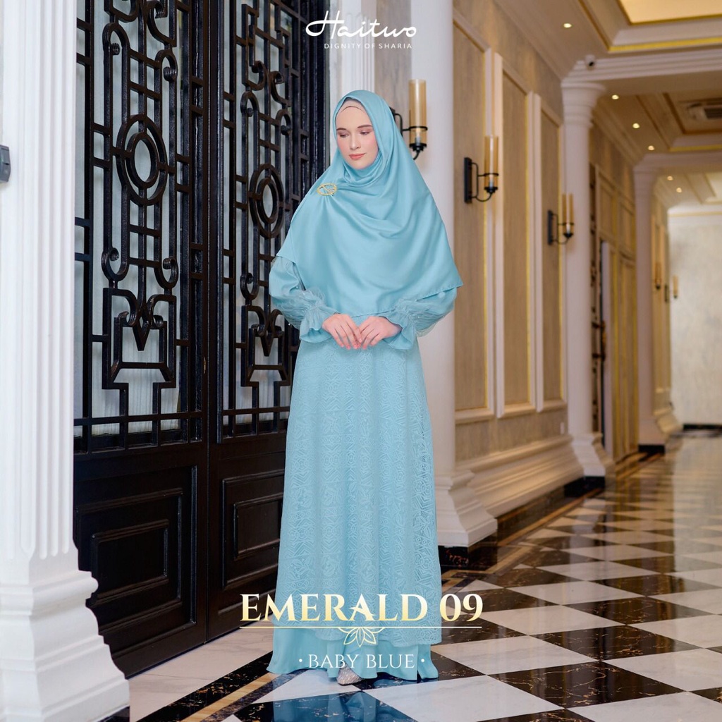 Haitwo Gamis Emerald 009 Bahan Satin Mix Brookat Mix Tulle Dress Modern Set Hijab Segiempat