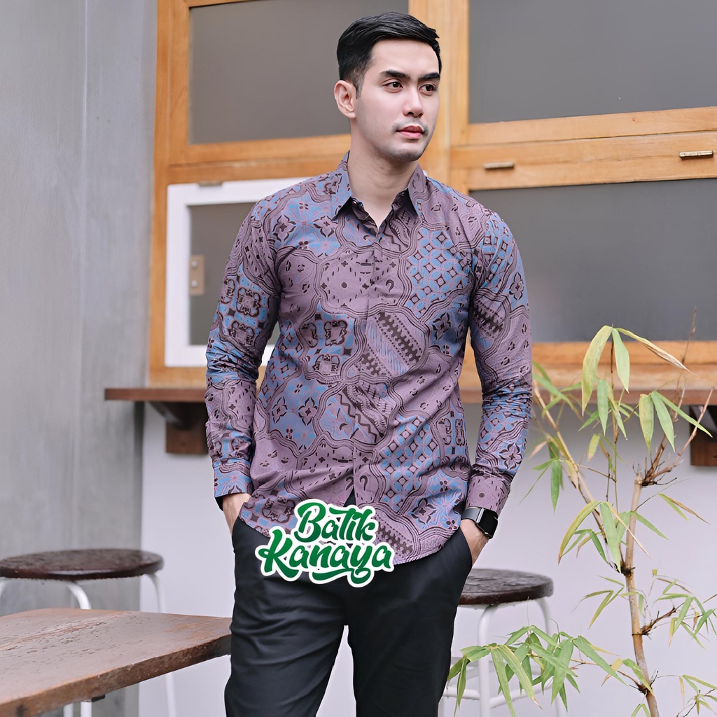 Kanaya - Kemeja Batik Pria Lengan Panjang Full Furing Warna Ungu Bahan Katun Sragenan Motif HAIDA