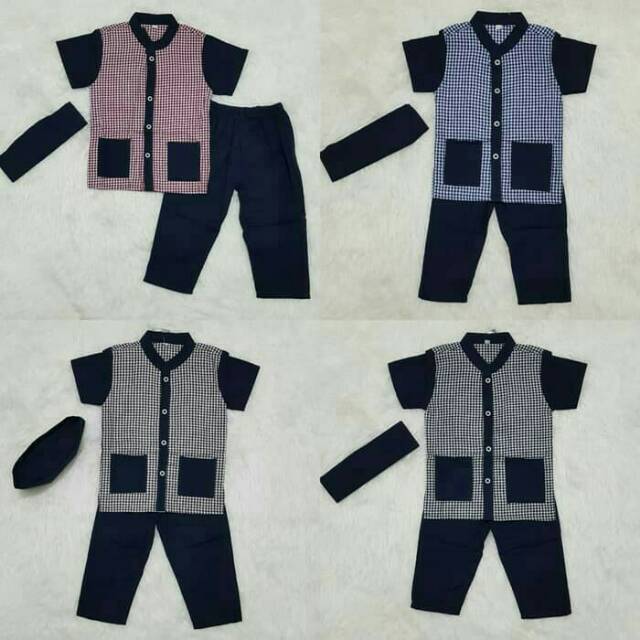 Baju Koko Anak Laki-laki Set Peci Motif Kotak-kotak