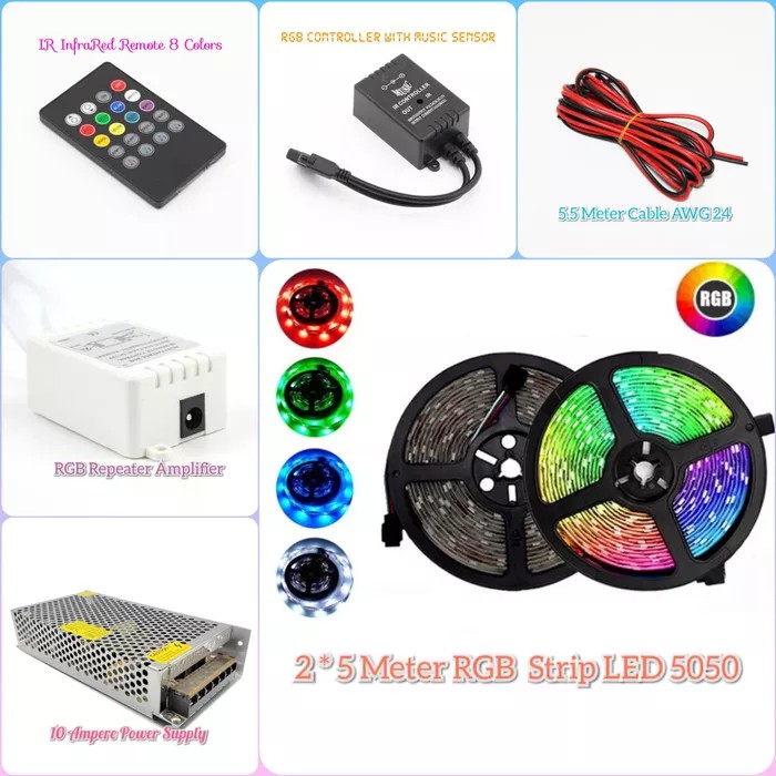 LAMPU FLEXIBLE LED 10 METER STRIP RGB 5050 REMOT MUSIC ADAPTOR 10A