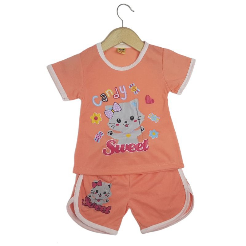 SETELAN SI JAMBUL PAKAIAN BAJU ANAK PEREMPUAN 2-7 TAHUN MOTIF SWEET CAT ABU LOLIPOP