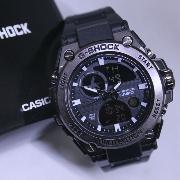 JUAL JAM BRENDED PRIA DAN WANITA MURAH JAM TANGAN GS GW 1000 RUBBER KEPALA BESI BLACK